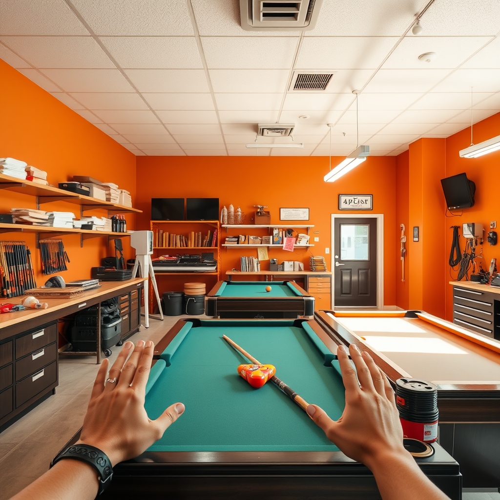 Professional pool table repair workshop with tools, equipment, and workbenches