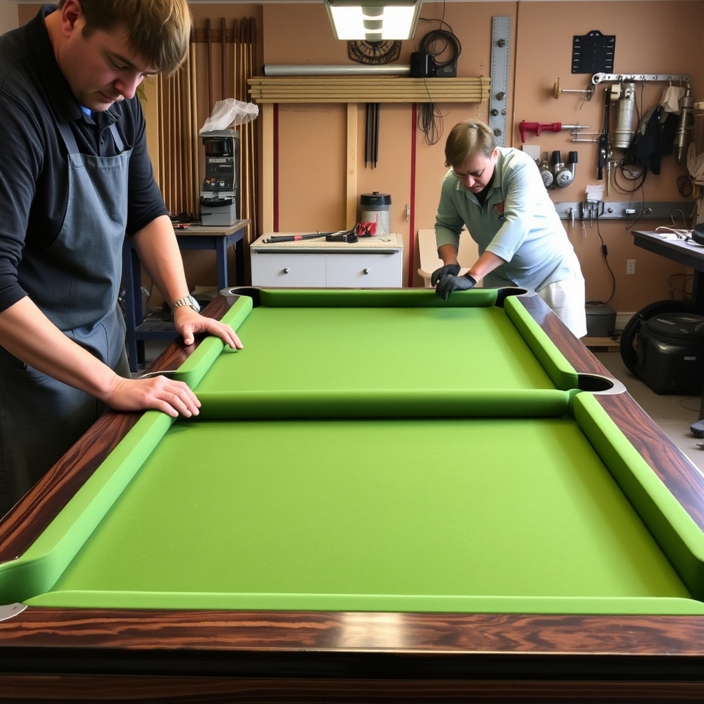Expert craftspeople working together on refelting a pool table in a professional workshop