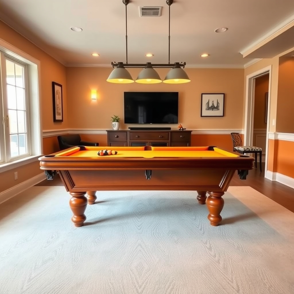 A newly installed pool table in a home game room with perfect positioning and warm professional lighting