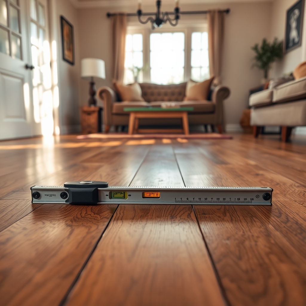 Spirit level on hardwood floorboards checking that the floor is level before placing heavy furniture