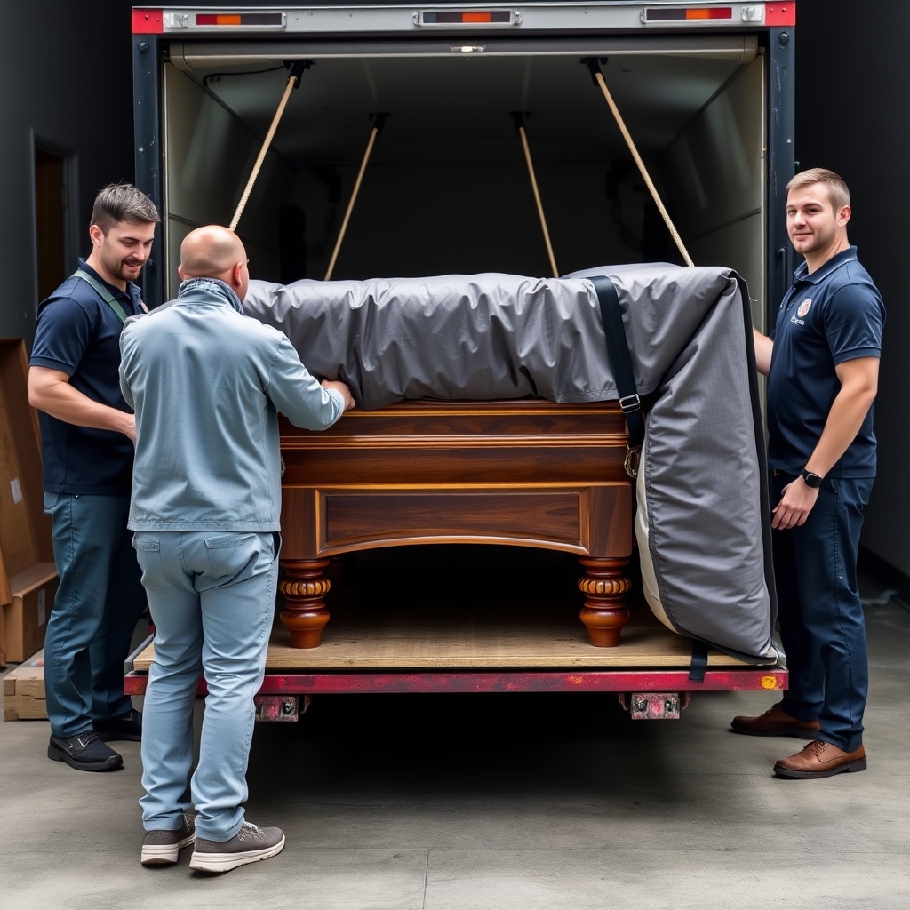 Professional moving crew protecting and transporting a pool table with professional padding and straps